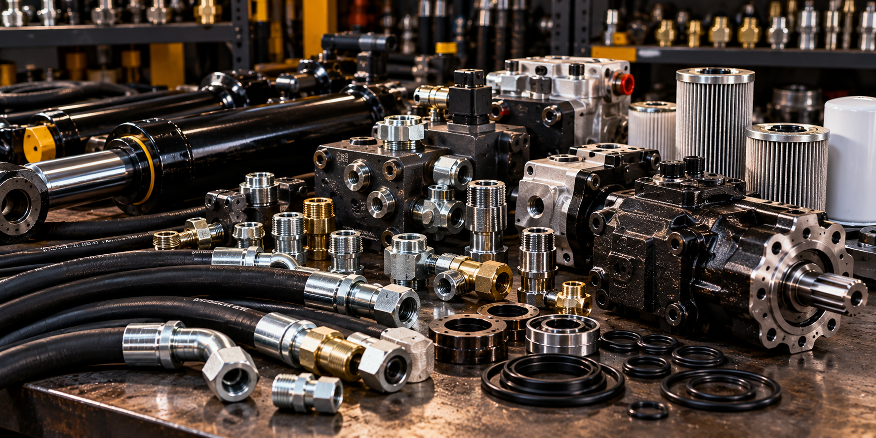 Hydraulic pumps, hoses, cylinders and fittings representing RiverDog Hydraulics' mobile hydraulic repair services in Gauteng.